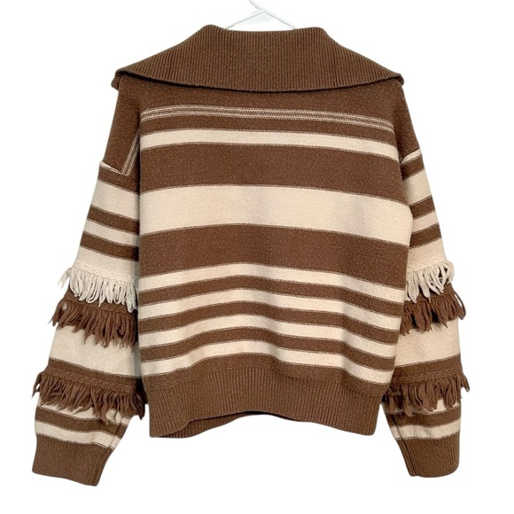 Strut & Bolt Brown and White Cream Striped 1/4 Zip Sweater with Fringe S - Picture 8 of 12